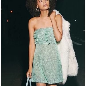 Free People Frida Ruffle Mini Dress Turquoise Green Blue Sequin Size 4
